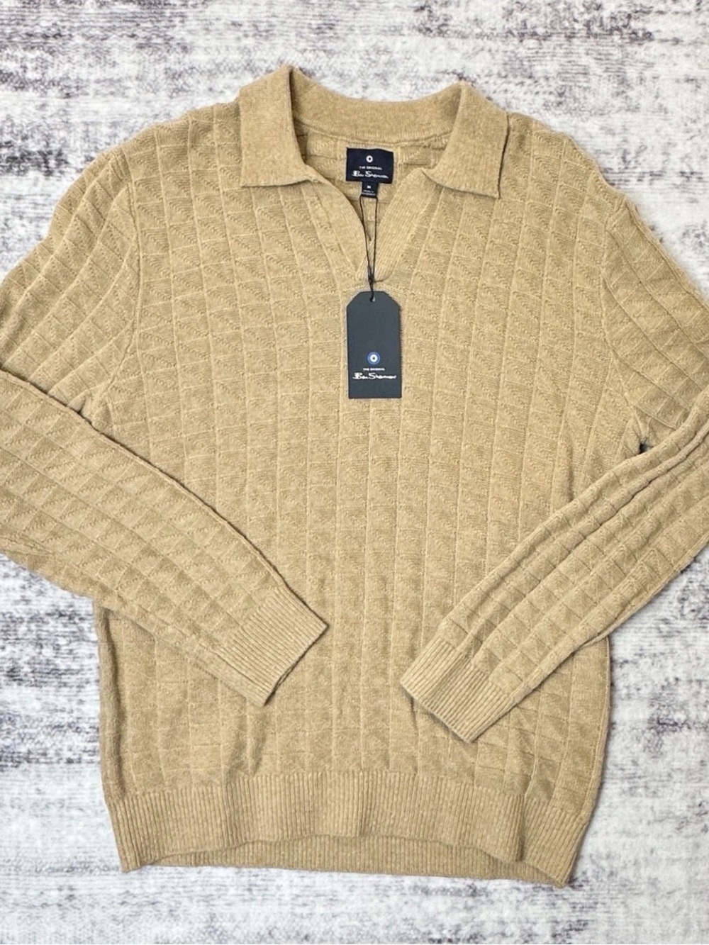 NWT Ben Sherman Open Polo Collar Knit Sweater Men's Small Camel Tan BS35SR214